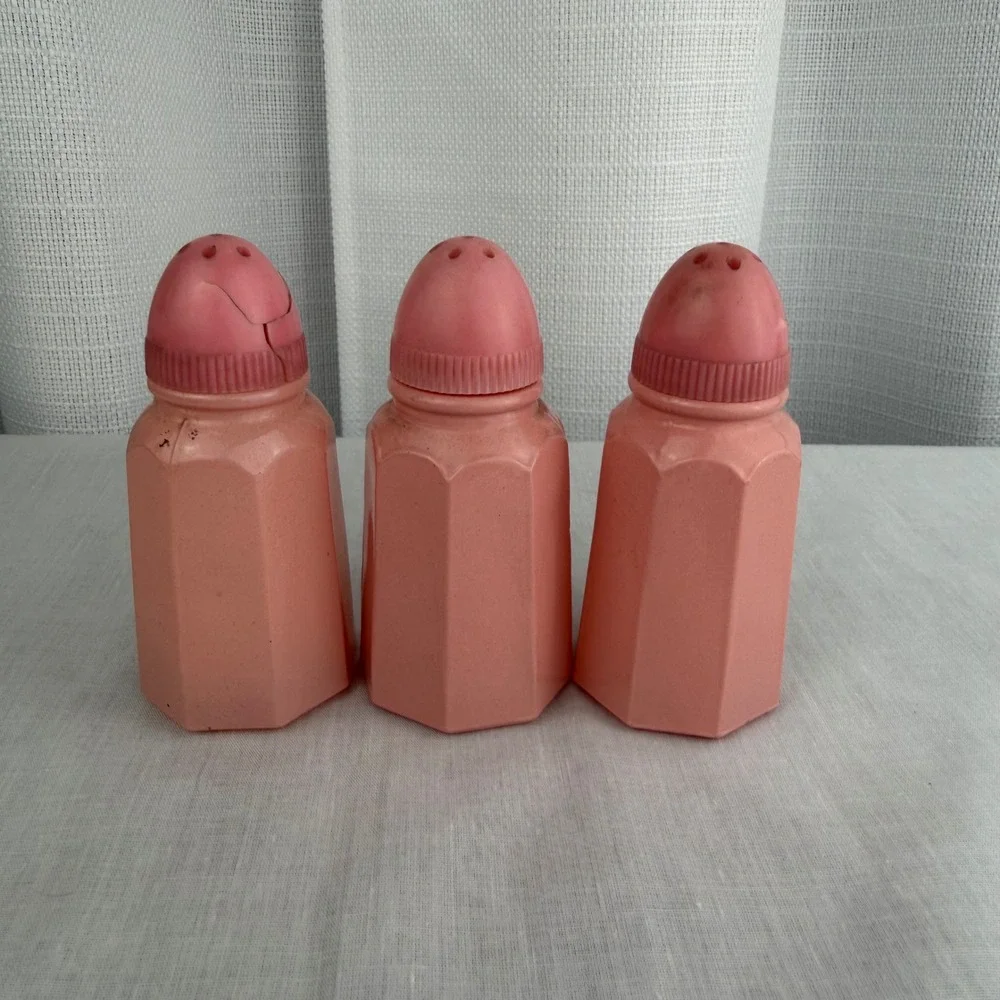 Vintage Pink Plastic Salt and Pepper Shakers Set of 3 Octagonal Retro Kitchen